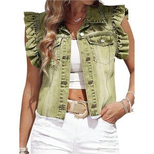 Women’s Plain Green  SOLY HUX Denim Jacket Ruffle Cap Sleeve Cropped Trendy